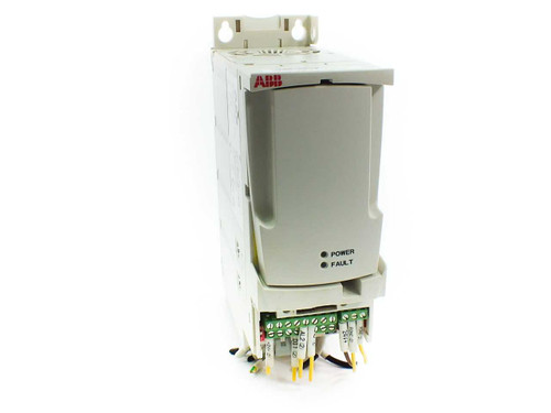 ABB ACS355-03E-04A1-4 VFD front view showing ABB logo, POWER and FAULT indicator LEDs, and terminal wiring block