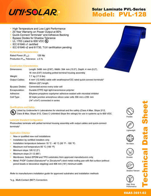 Uni-Solar PVL-128 128W 24V Flexible Solar Panel Grid-Tie Solder Points UL LISTED
