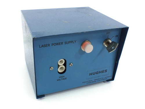 Hughes 3599H Laser Power Supply – front panel showing High Voltage output posts, ON/OFF key switch, and Hughes Industrial Products label