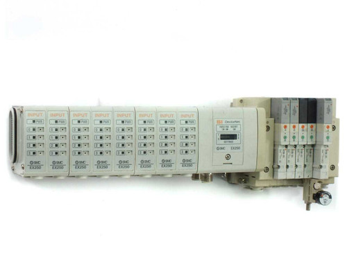 SMC EX250-SDN1 DeviceNet serial interface unit with 8 EX250-IE3 input modules and SS5V1 manifold assembly — full front view