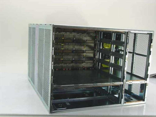 Sun Microsystems 270-4944-01 server backplane in empty chassis — angled front-left view showing multiple empty card slots and mesh side panels