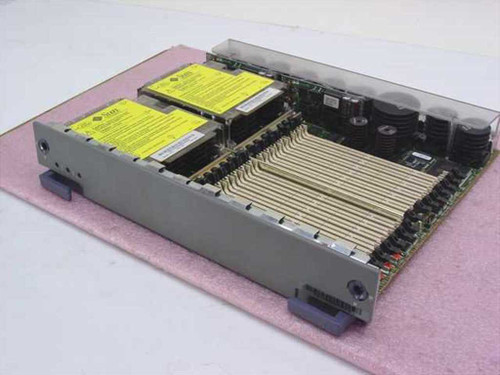 Sun Microsystems 525-1387-17 CPU Memory Board — angled top view showing dual yellow Sun CPU sub-modules and full memory slot array