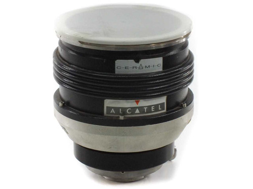 Alcatel 5402 CIS turbomolecular high vacuum pump – front view showing Ceramic bearing label and Alcatel brand label on black body