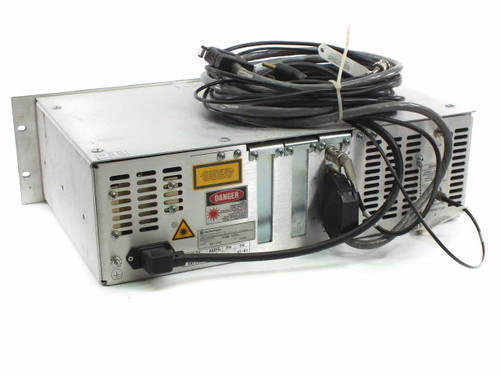 Spectra-Physics R2-740 Laser Power Supply rear view showing ventilation, laser danger warning labels, rating plate, and AC power cable