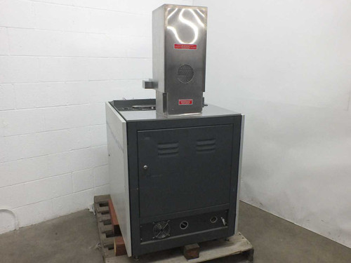 Electron Vision ElectronCure 30X – rear-left view showing stainless steel column with warning labels, ventilation grille, and bottom rear connections panel