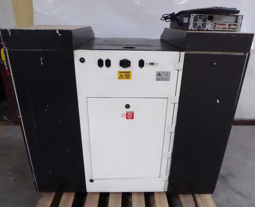 Corob AC10000 paint dispenser rear view showing power inlet panel with IEC connectors, danger warning label, CE certification label, and door with no-flame symbol sticker