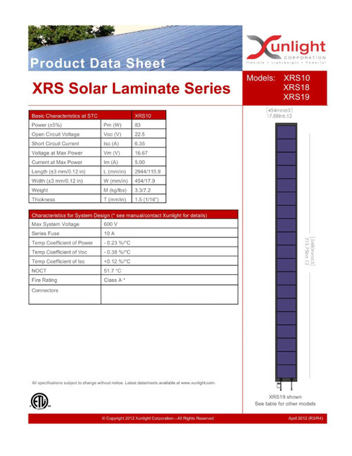 Xunlight XRS10 XRS Solar Laminate Series product data sheet showing full electrical and physical specifications