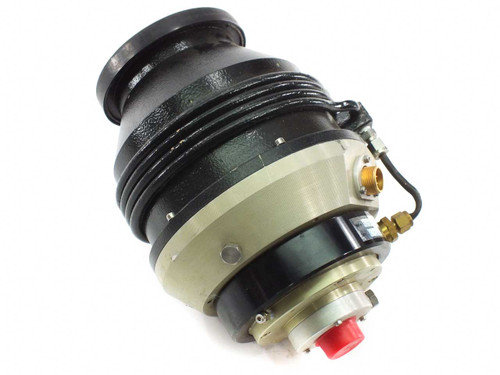 Alcatel 5402 CP Turbomolecular Vacuum Pump – three-quarter rear view showing ribbed black housing, gold and red fittings, and ceramic mid-section