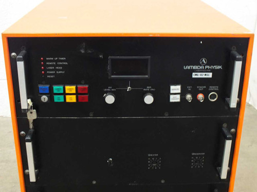 Lambda Physik EMG 102 MSC front panel close-up showing status indicator lights, digital display, HV Level and Rep Rate controls, and model label
