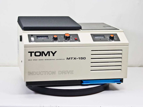 Tomy Seiko MTX-150 High Speed Refrigerated Micro Centrifuge front panel view showing dual digital displays, orange control knobs, and Induction Drive label