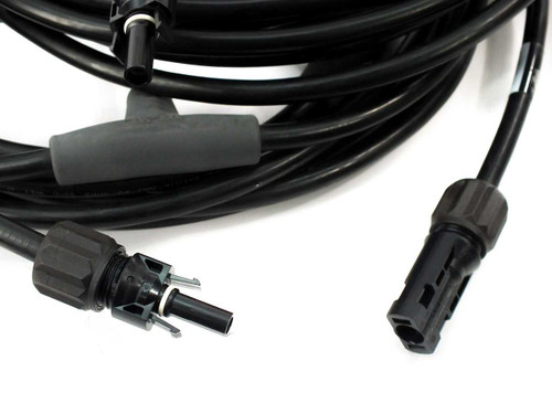 Close-up of Amphenol H4 male and female MC4-compatible connectors on the 4-branch parallel solar cable