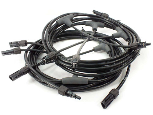 Amphenol H4 4-branch solar panel parallel cable pair coiled, showing all branch connectors and full 24-ft cable length