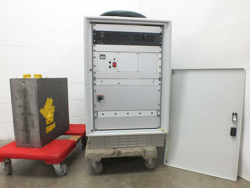 Amtec XRF 940V main cabinet open showing internal rack-mounted electronics, control panel with red emergency stop button