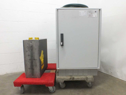 Amtec XRF 940V system front view — closed main cabinet on dolly with separate measuring head unit beside it