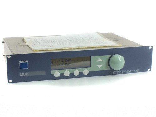 Trumpf Huttinger 0372600 MOP 2-Channel Master Oscillator — front panel view showing LCD display reading 13.560 MHz on both channels, four soft-key buttons, rotary encoder, and TRUMPF/Huttinger Elektronik branding