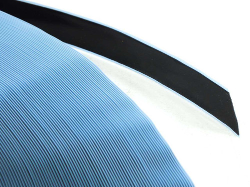 Quanex Solargain butyl edge tape close-up showing black butyl adhesive layer and blue release liner on tape edge