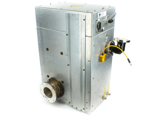Aurion B-MBT-48 Matchbox Prodik T300 – right side view showing large cathode coaxial flange, yellow M12 sensor cable, and water cooling fittings