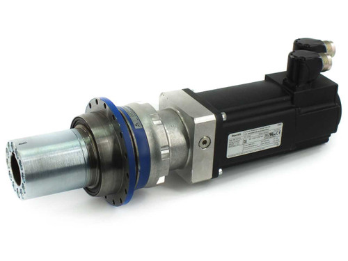 Rexroth MSK040B servo motor with Wittenstein Alpha planetary gearbox – left-side angled view showing output flange with blue seal ring