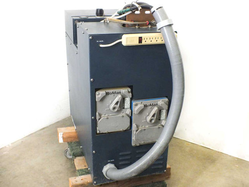 Polaris Electronics Accu-Weld 5100 – rear view showing two RoMan welding transformer connectors, power strip, and flexible hose