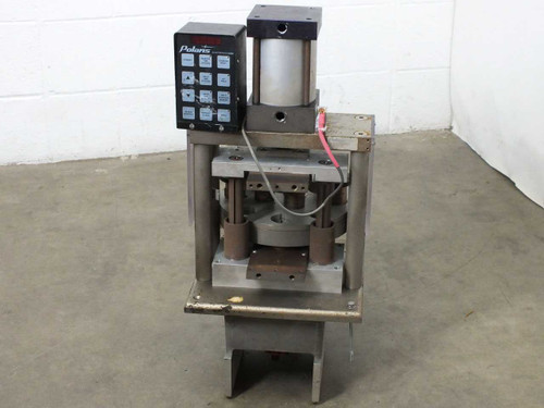 Polaris Electronics Accu-Weld 7100 multi-station projection cap welder head – front-left view showing control panel and pneumatic cylinder actuator on stainless steel frame