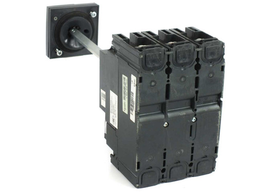 Schneider LV431631 NSX250F circuit breaker rear view showing 3-pole terminal lugs and label strip