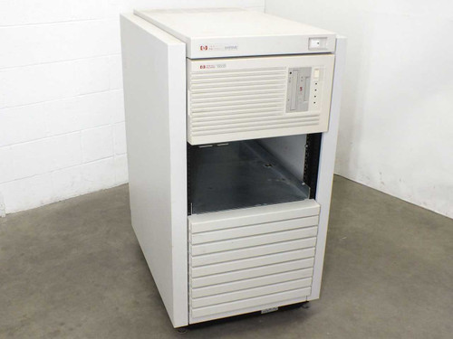 HP 9000 E35 server in HP C2785A rack enclosure — three-quarter front view showing upper HP Systems bezel and lower server bay with open card cage area