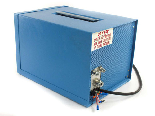 Johnson Matthey HP-100 Hydrogen Purifier right side and rear — blue enclosure with carry handle, DANGER warning label, FEED and PURE gas compression fittings, and power cable