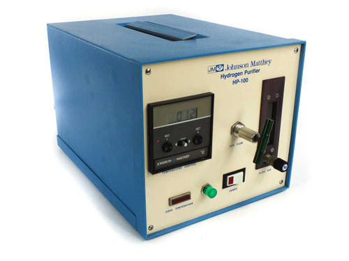 Johnson Matthey HP-100 Hydrogen Purifier front panel — temperature controller display reading 013, flow meter, POWER rocker switch, green indicator light, and BLEED GAS port