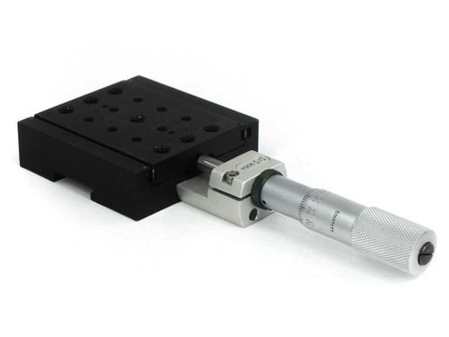 Newport 9064-X linear stage with micrometer — rear-left isometric view showing black anodized aluminum body and micrometer drive bracket