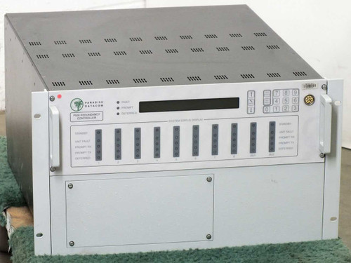 Paradise Datacom P500 1-for-8 Redundancy Controller front panel view showing P520 chassis, status display, LED indicators, and keypad