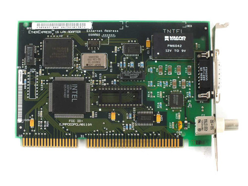Intel EtherExpress 16 LAN adapter — top PCB view showing EtherExpress 16 silk screen, Valor transformer, BNC and AUI connectors, and Intel chips