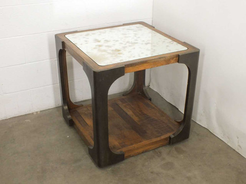Artistica Tuco 155-260 square end table — front-right angle showing antique mirror top and dark mahogany frame with lower shelf