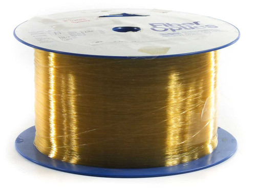Newport F-MLD-500 multimode fiber optic spool side view showing amber-colored fiber wound on blue plastic spool