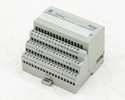 Allen-Bradley 1794-IB16 Flex I/O 24VDC digital input module with 1794-TB3 terminal base — angled front-left view showing numbered input terminals 0–15 and COM/V rows