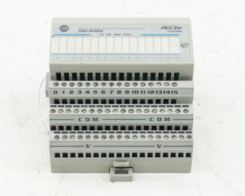 Allen-Bradley 1794-IB16 Flex I/O input module — front view showing Allen-Bradley and Flex I/O labeling, terminal rows numbered 0–15 with COM and V rails