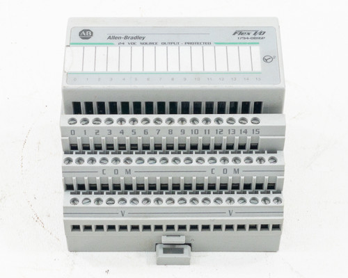Allen-Bradley 1794-OB16P FLEX I/O 24VDC Source Output Protected module — straight-on front view showing label and all 16 output terminal positions