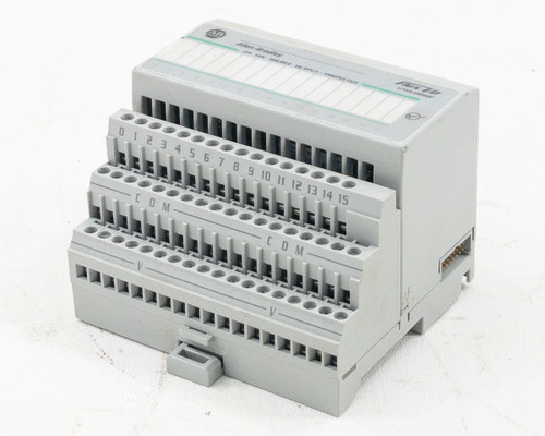 Allen-Bradley 1794-OB16P FLEX I/O module with 1794-TB3 terminal base installed — angled front-left view showing 16 numbered output terminals and COM/V rows