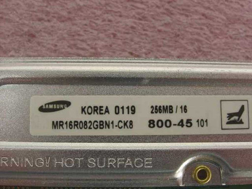 Samsung MR16R082GBN1-CK8 label closeup showing 256MB/16, PC800-45, Korea 0119 date code and HOT SURFACE warning