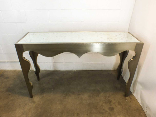 Artistica Vancleef console table – straight-on front view showing scalloped apron detail and antique mirror surface