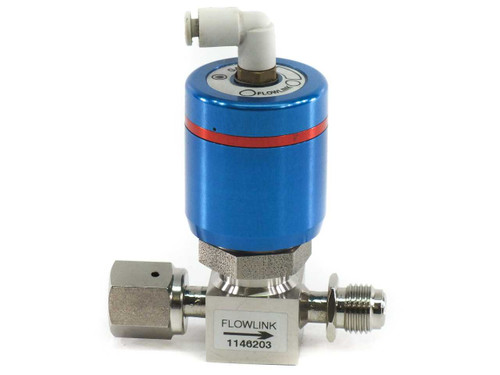 Flowlink GAZ 1146203 pneumatic gas valve front view with HTC 316 XG8 compression fittings and push-to-connect air port — label reading FLOWLINK 1146203 visible on stainless body