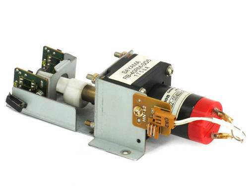 Canon Precision LN32-00403-N100 motor and Sayama RB-40RM-SO5 gearbox assembly — left-side three-quarter view showing SE-23 encoder PCB and HN-62 sensor board