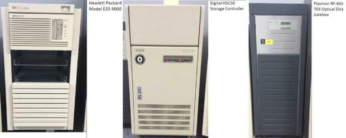 Hewlett-Packard Model E35 9000 workstation tower, Digital HSC50 Storage Controller floor-standing cabinet, and Plasmon RF-60J-703 Optical Disk Jukebox tall tower unit — front panel views