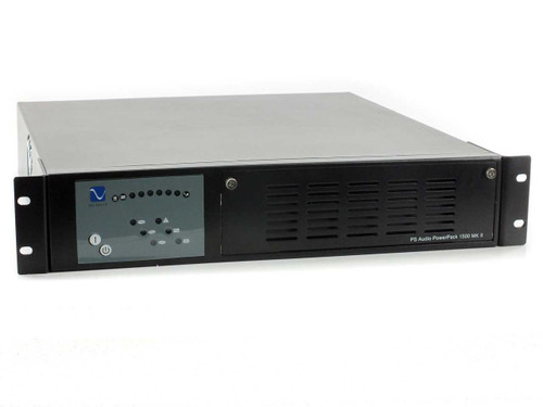 PS Audio PowerPack 1500 MK II UPS — front panel view showing 2U rackmount chassis, PS Audio logo display, LED indicators, and power button