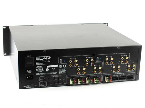 Elan D1650 D1651 16-Channel Power Amplifier — rear panel showing RCA line inputs, gold-plated speaker binding posts, IEC AC power inlet, and power switch