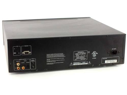 Integra CDC-3.4 rear panel showing RCA audio outputs, optical and coaxial digital outputs, RS-232 port, and AC inlet