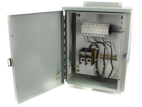 Rittal Electromate E20R166HCR – door open showing interior with Ferraz Shawmut fuse holders on DIN rail and Buss fuse block with wiring