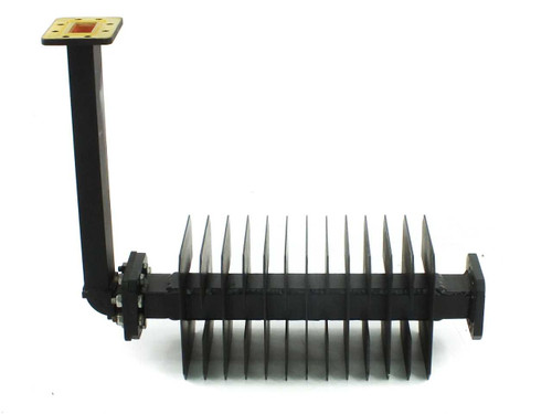 Mitec WR-159 waveguide dummy load extender side view showing full finned aluminum heat sink section and rectangular waveguide arm
