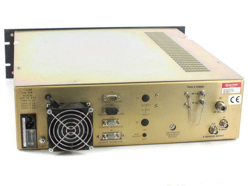 Miteq U-9456 54735 Ku-Band Upconverter rear panel showing cooling fan, DB-15 remote interface connectors, power input, and RF/IF port area