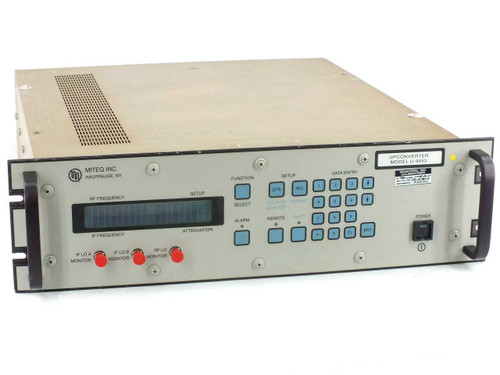 Miteq U-9453 C-Band upconverter – front panel view showing LCD display, keypad, and IF/RF frequency monitors