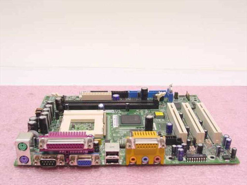 eMachines 187401 Lomita Socket 370 motherboard front view showing I/O ports, PCI slots, AGP slot, and Socket 370 CPU socket